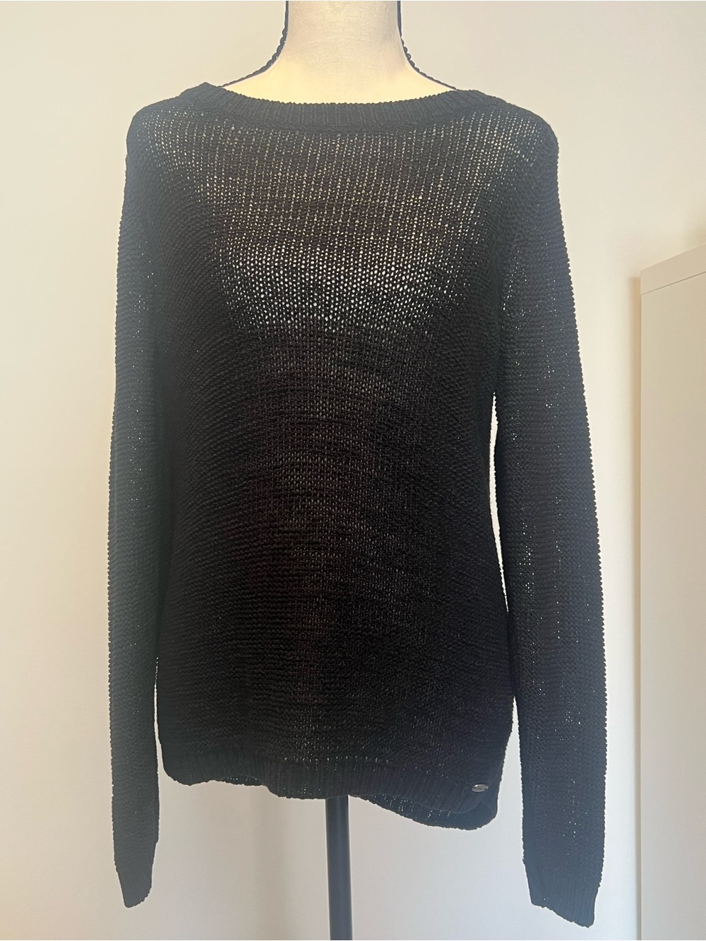 ONLY Womens Black Open Knit‎ Crew Neck Long Sleeve Sweater Size L High Low Hem